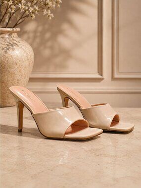 Nude Open-Toe Patent Leather High Heel Mules With Square Toe Design For Women